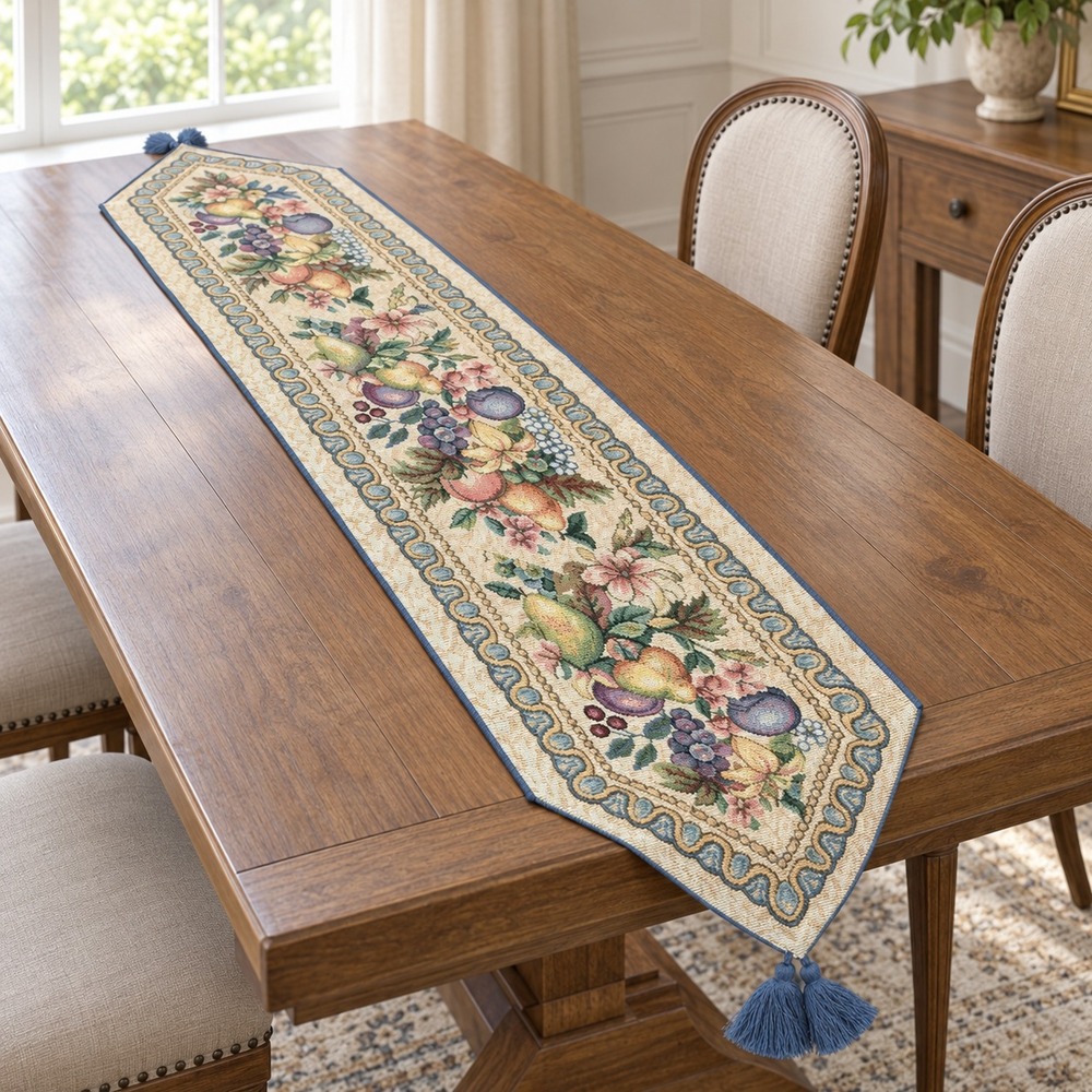 Unforgettable Fruit Floral Tapestry Table Runner 13x72 Blue Tassels USA Made